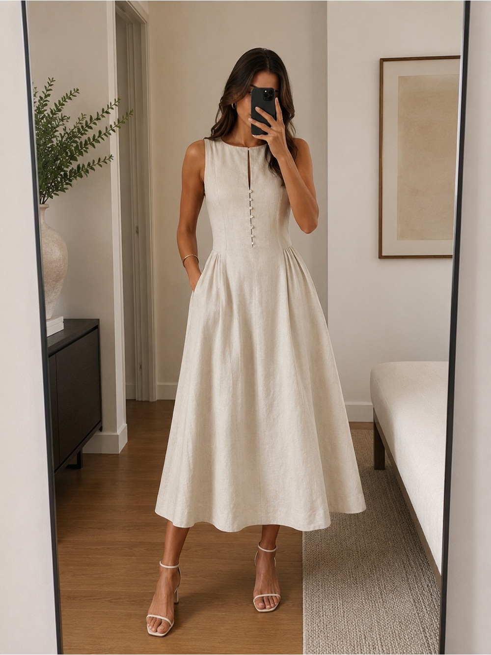 Sovere Beige Linen Blend Sleeveless Maxi Dress Side Pockets Size 6 Brand New